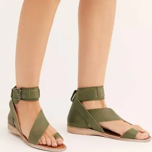 Free People Vale Khaki Green Leather Strap Boot Sandals Shoes Flats NEW Size 36