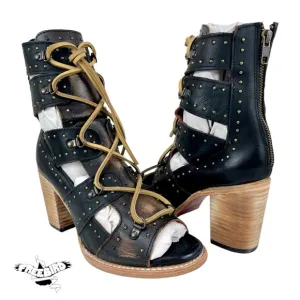 Freebird |‎ Women 9 | Brandy Black Leather Ankle Lace-Up Studded Heel Shoes