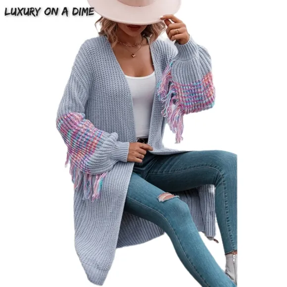 Fringe Sleeve Retro Waffle Knit Longline Cardigan Open Front Sweater Duster