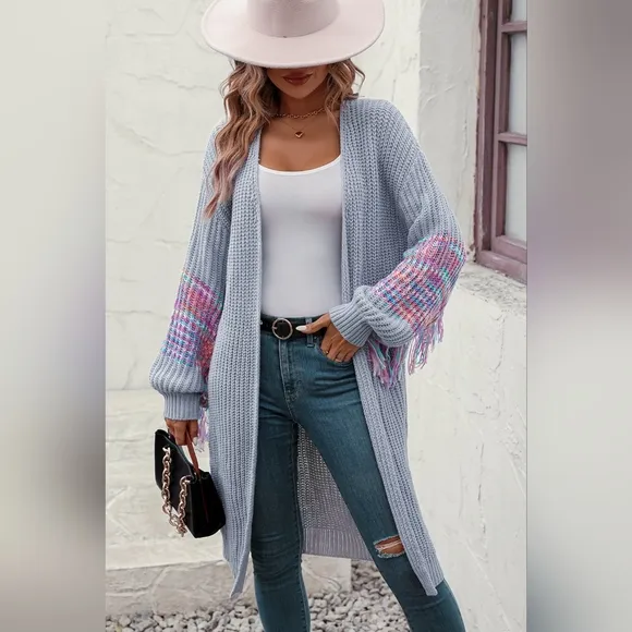 Fringe Sleeve Retro Waffle Knit Longline Cardigan Open Front Sweater Duster