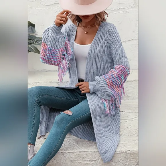 Fringe Sleeve Retro Waffle Knit Longline Cardigan Open Front Sweater Duster
