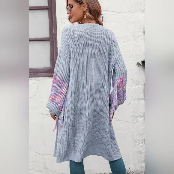 Fringe Sleeve Retro Waffle Knit Longline Cardigan Open Front Sweater Duster