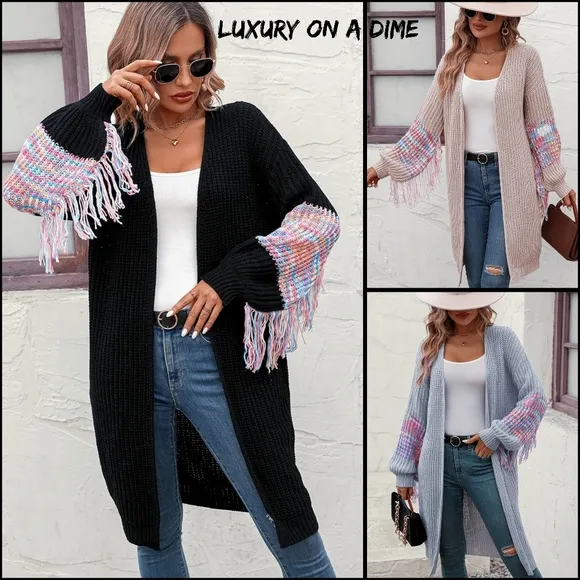 Fringe Sleeve Retro Waffle Knit Longline Cardigan Open Front Sweater Duster