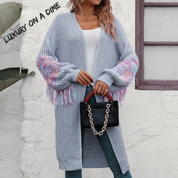 Fringe Sleeve Retro Waffle Knit Longline Cardigan Open Front Sweater Duster