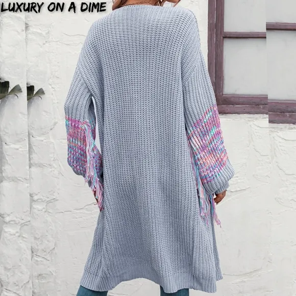 Fringe Sleeve Retro Waffle Knit Longline Cardigan Open Front Sweater Duster