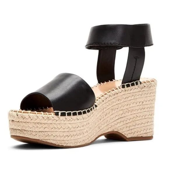 Frye and Co Amber Espadrille Platform Wedge Sandals Black Leather Women's 6