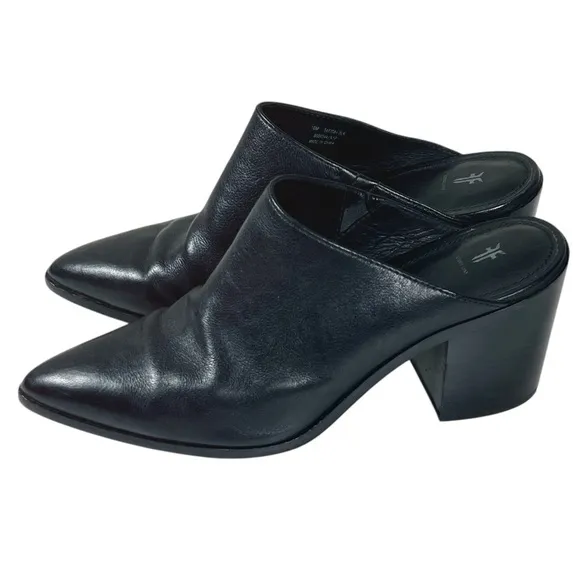 Frye Flynn Black Leather Pointed Toe Stack Heeled Mules Size 10 EUC Quiet Luxury