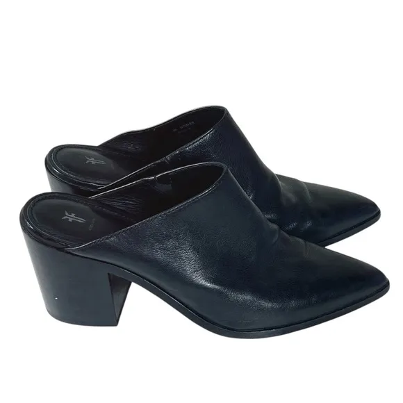 Frye Flynn Black Leather Pointed Toe Stack Heeled Mules Size 10 EUC Quiet Luxury