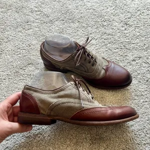 FRYE HARVEY Men’s Size 7 WINGTIP BROWN LEATHER  &amp; CANVAS  OXFORD SHOES Derby