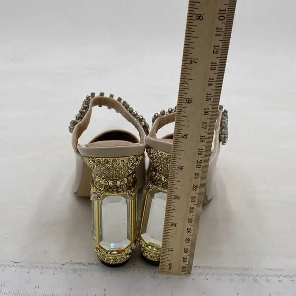 FSJ Beige Crystal Chunky Heeled Mules Rhinestone Pointed Toe Slip On Backless