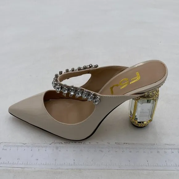 FSJ Beige Crystal Chunky Heeled Mules Rhinestone Pointed Toe Slip On Backless