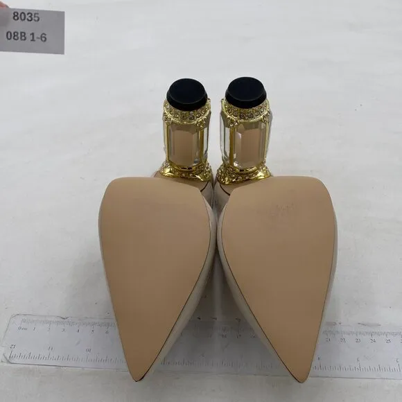 FSJ Beige Crystal Chunky Heeled Mules Rhinestone Pointed Toe Slip On Backless