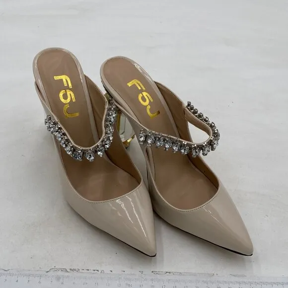FSJ Beige Crystal Chunky Heeled Mules Rhinestone Pointed Toe Slip On Backless