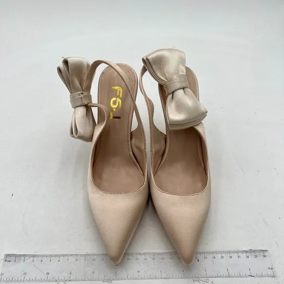 FSJ Beige Cute Pointed Toe Stiletto High Heel Pump Bowknot Slingback Dress Shoes