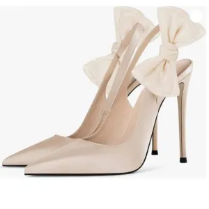 FSJ Beige Cute Pointed Toe Stiletto High Heel Pump Bowknot Slingback Dress Shoes