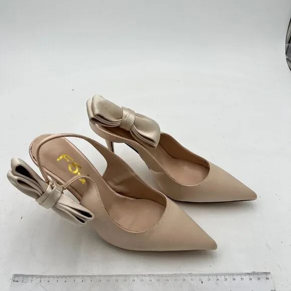 FSJ Beige Cute Pointed Toe Stiletto High Heel Pump Bowknot Slingback Dress Shoes