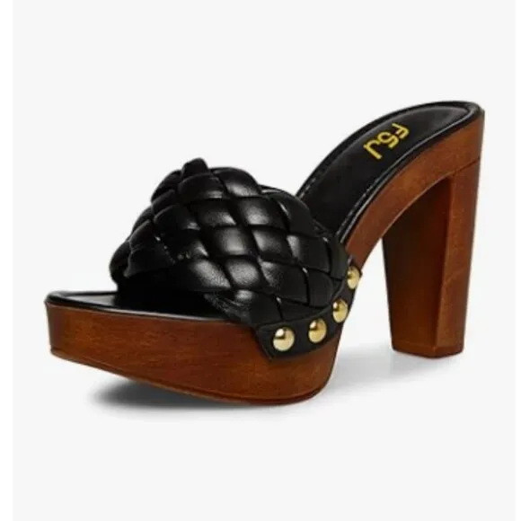 FSJ Black Braided Open Toe Chunky High Heel Sandal Woven Slip On Platform Mule