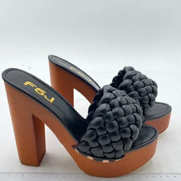 FSJ Black Braided Open Toe Chunky High Heel Sandal Woven Slip On Platform Mule