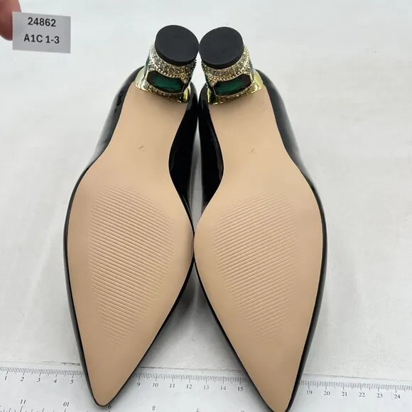 FSJ Black Bridal Pointed Toe Chunky Low Heel Crystal Pumps Slip on Wedding Shoes
