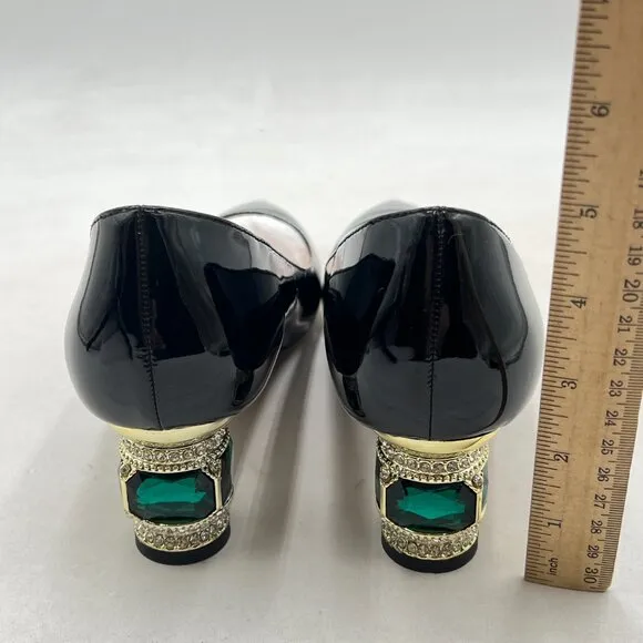 FSJ Black Bridal Pointed Toe Chunky Low Heel Crystal Pumps Slip on Wedding Shoes