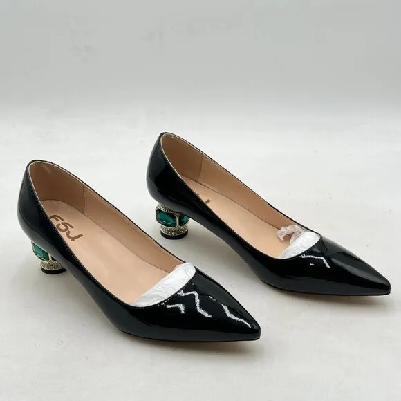 FSJ Black Bridal Pointed Toe Chunky Low Heel Crystal Pumps Slip on Wedding Shoes