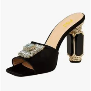 FSJ Black Luxury Square Crystal High Heel Sandals Mule Open Toe Rhinestone Shoes