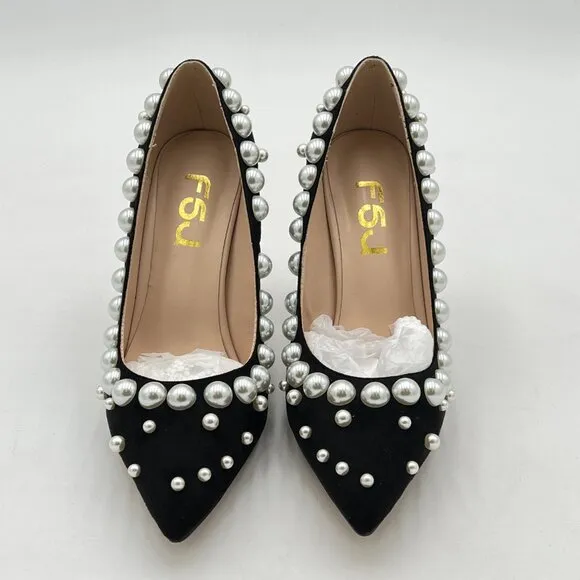 FSJ Black Pearl Pointed Toe Chunky High Heel Crystal Pumps Slip on Wedding Shoes