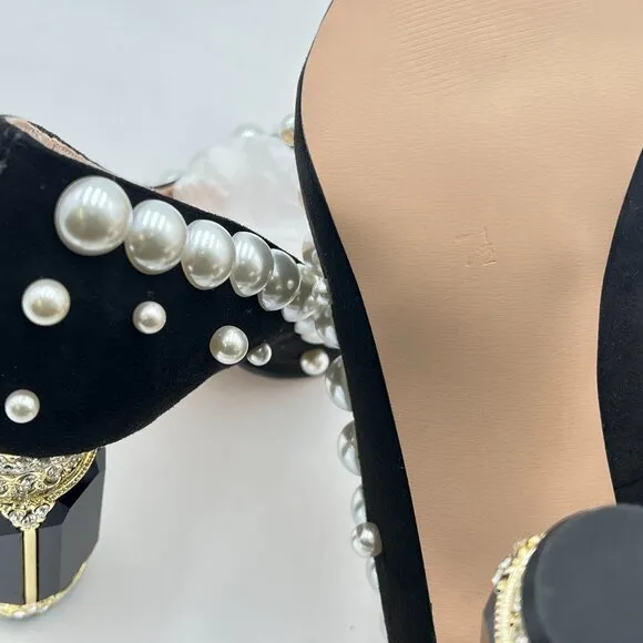 FSJ Black Pearl Pointed Toe Chunky High Heel Crystal Pumps Slip on Wedding Shoes
