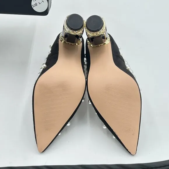 FSJ Black Pearl Pointed Toe Chunky High Heel Crystal Pumps Slip on Wedding Shoes