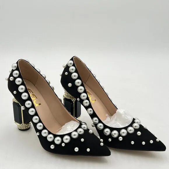 FSJ Black Pearl Pointed Toe Chunky High Heel Crystal Pumps Slip on Wedding Shoes