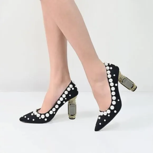 FSJ Black Pearl Pointed Toe Chunky High Heel Crystal Pumps Slip on Wedding Shoes