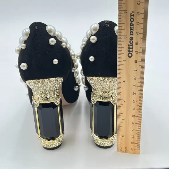 FSJ Black Pearl Pointed Toe Chunky High Heel Crystal Pumps Slip on Wedding Shoes