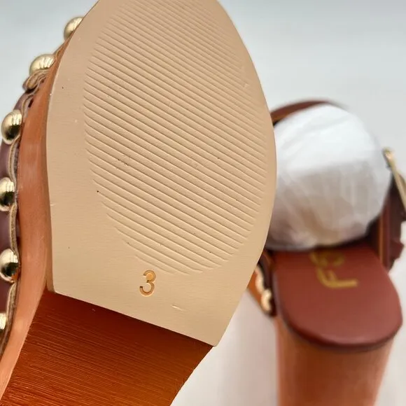 FSJ Brown Buckled Strap Studded Platform Mules Shoes Heeled Clogs