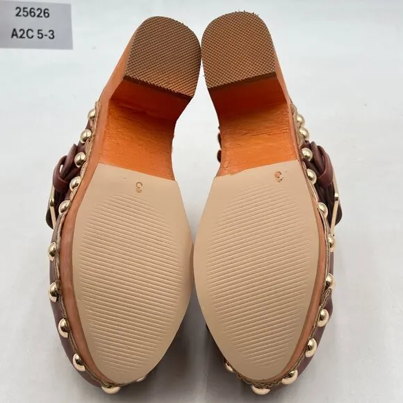 FSJ Brown Buckled Strap Studded Platform Mules Shoes Heeled Clogs