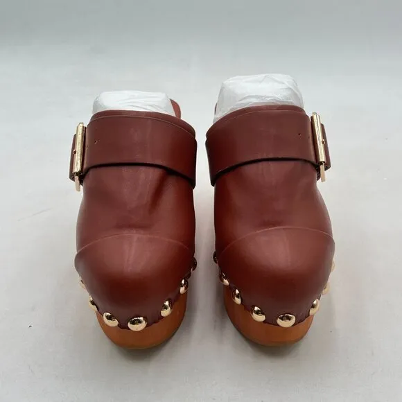 FSJ Brown Buckled Strap Studded Platform Mules Shoes Heeled Clogs