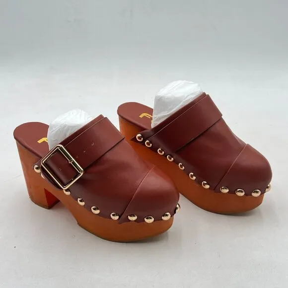 FSJ Brown Buckled Strap Studded Platform Mules Shoes Heeled Clogs