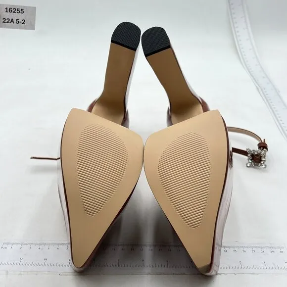 FSJ Brown Classy Ankle Strap Closed Toe Platform Chunky High Heel Night Pump