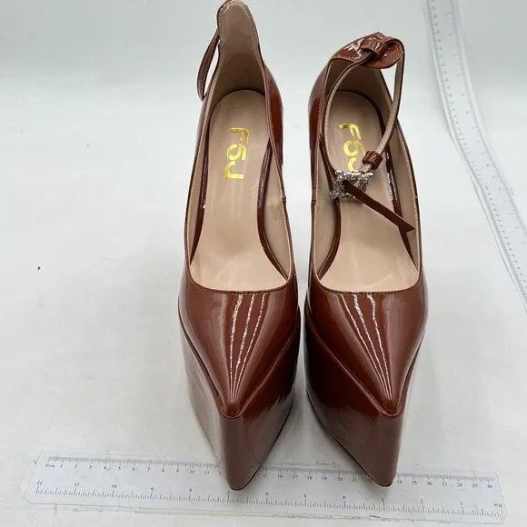 FSJ Brown Classy Ankle Strap Closed Toe Platform Chunky High Heel Night Pump