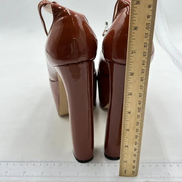 FSJ Brown Classy Ankle Strap Closed Toe Platform Chunky High Heel Night Pump