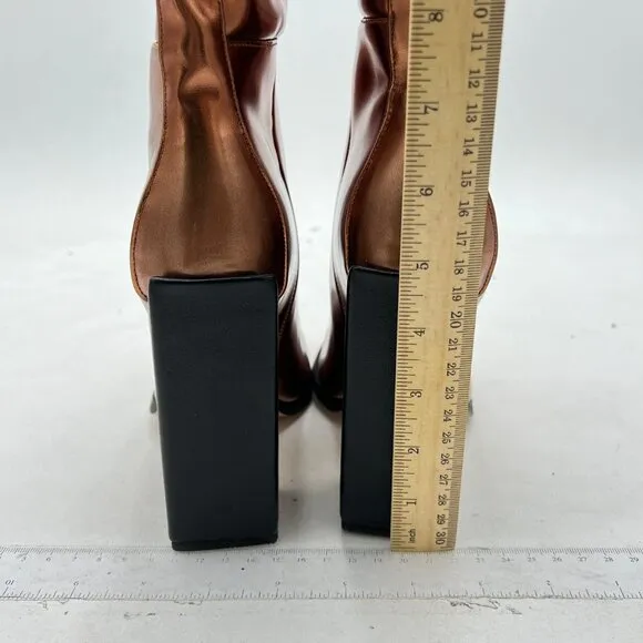FSJ Brown Knee High Stretch Long Boots Round Toe Chunky Heel Pull On Party Shoes