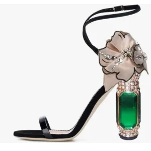 FSJ Flower Open Toe Stylish Sandal Ankle Strap High Crystal Heels Wedding Shoes