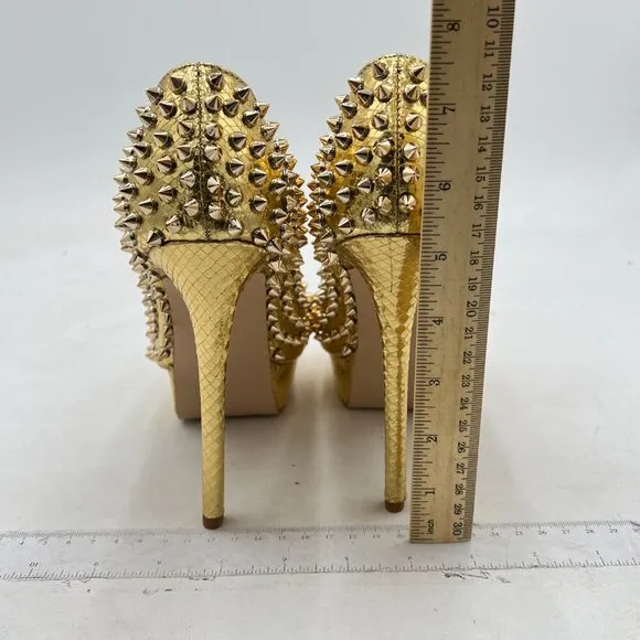 FSJ Golden Rivets Platform Heel Peep Toe Pumps High Heel Slip On Studded Shoes
