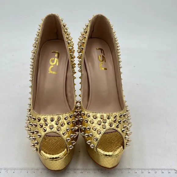 FSJ Golden Rivets Platform Heel Peep Toe Pumps High Heel Slip On Studded Shoes