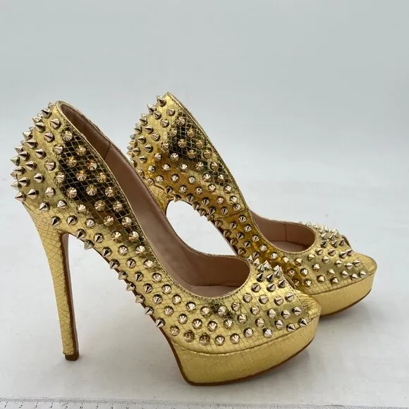 FSJ Golden Rivets Platform Heel Peep Toe Pumps High Heel Slip On Studded Shoes