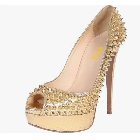 FSJ Golden Rivets Platform Heel Peep Toe Pumps High Heel Slip On Studded Shoes