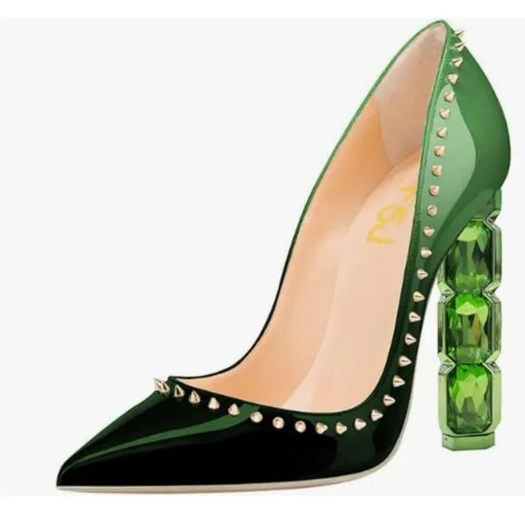 FSJ Green Gradient Jeweled High Heel Pointed Toe Pump Slip On Crystal Shoes