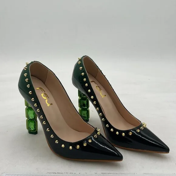 FSJ Green Gradient Jeweled High Heel Pointed Toe Pump Slip On Crystal Shoes
