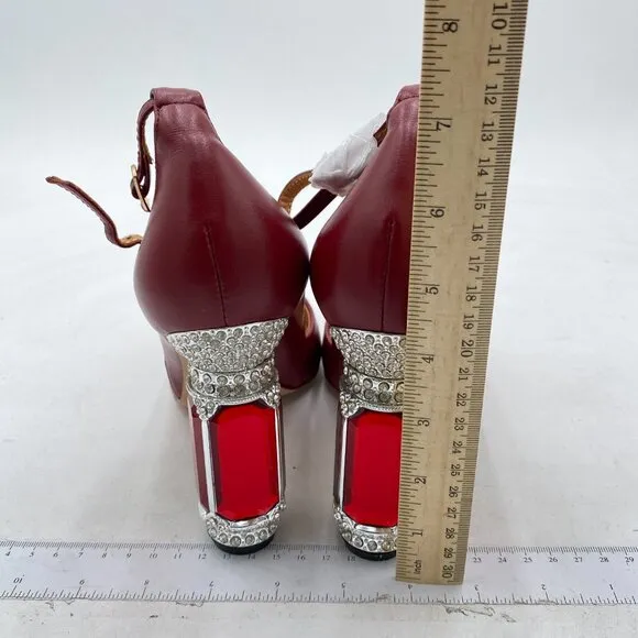 FSJ Red Comfortable Crystal Heels Pointed Toe Rhinestone Ankle Strap Dress Pump