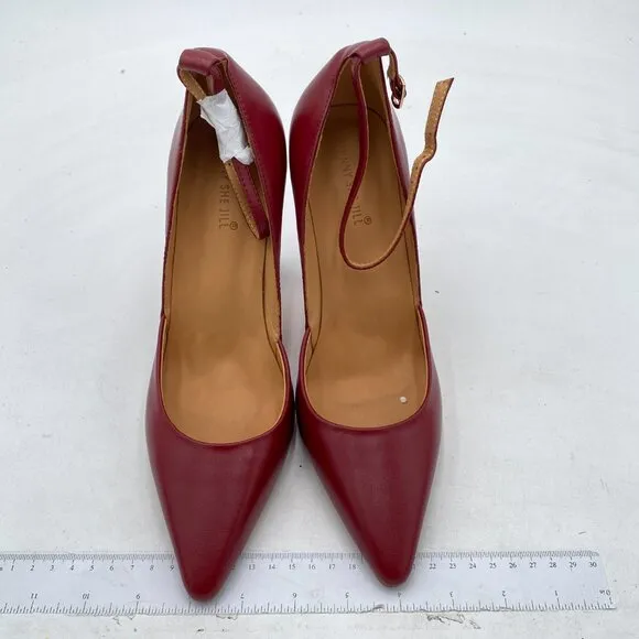 FSJ Red Comfortable Crystal Heels Pointed Toe Rhinestone Ankle Strap Dress Pump