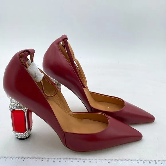 FSJ Red Comfortable Crystal Heels Pointed Toe Rhinestone Ankle Strap Dress Pump